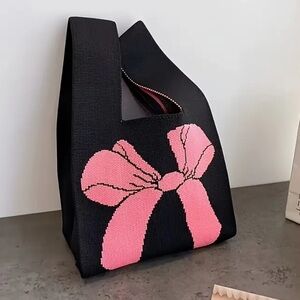 Heavy Woven Knit Bow Pattern Tote Purse Bag Japanese Knot Closure Style